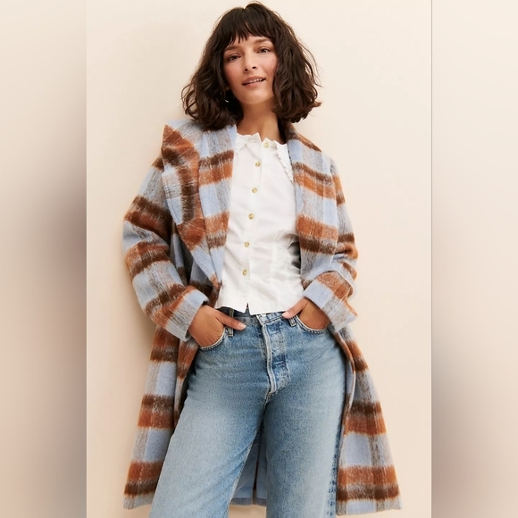 Anthropologie If By Sea Plaid Ruffled Overcoat Small - Picture 1 of 11